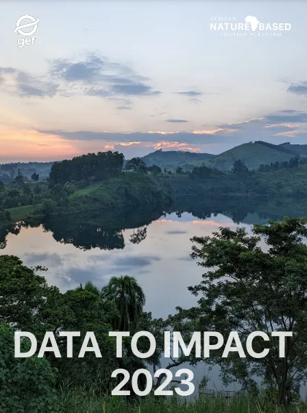 View of a lake reflecting clouds in the evening and title text