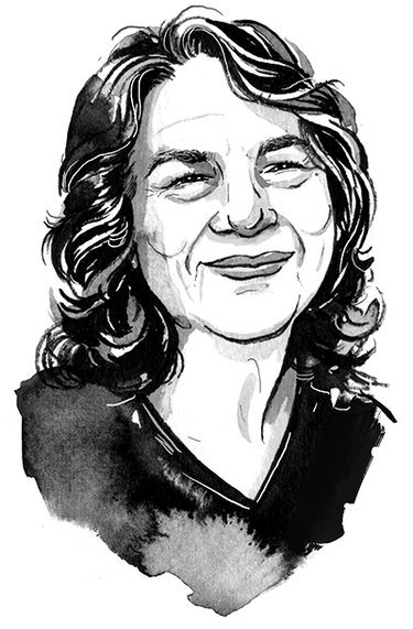 A black and white pencil drawing of a woman smiling.