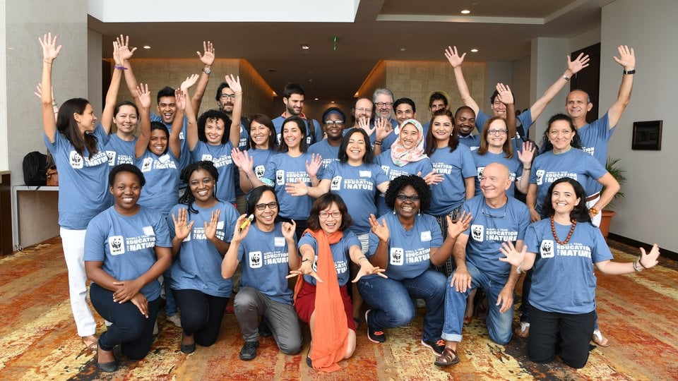 A diverse group of people wearing similar blue tshirts with the panda logo raising their hands in celebration.
