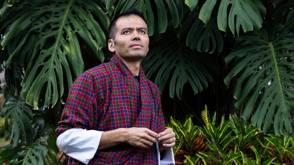 A man in plaid robe looks above the camera with a green leafy backdrop