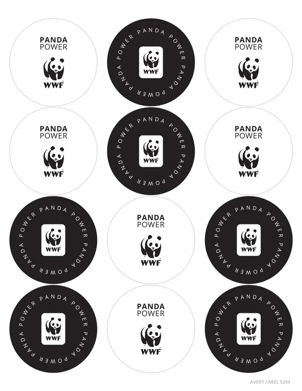 A sheet of stickers in alternating black and white circles with the WWF logo and phrase "Panda Power"