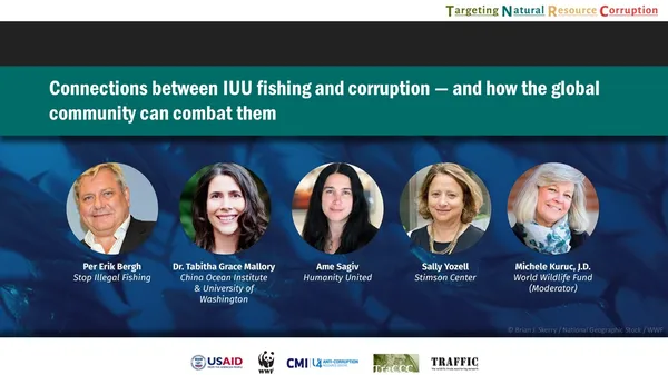 A slide showing images of panelists in circles and their names and titles below on a dark blue background