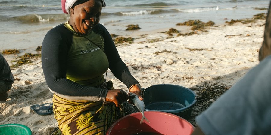 A woman seated outside on a beach cleans a fish