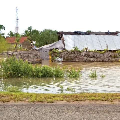 A photo showing flooding near a structure near trees.
