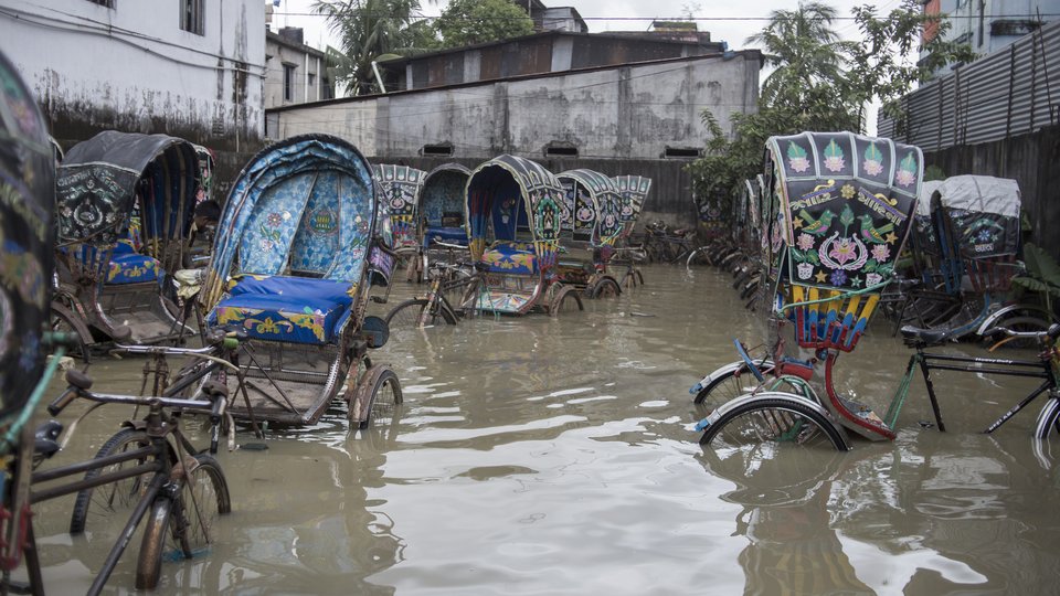 Colorful bicycle rickshaws parked in a severely flooded lot.