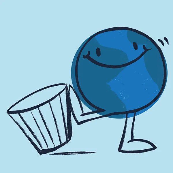 An illustration of a round blue ball with a smily face kicking a small wastebasket.