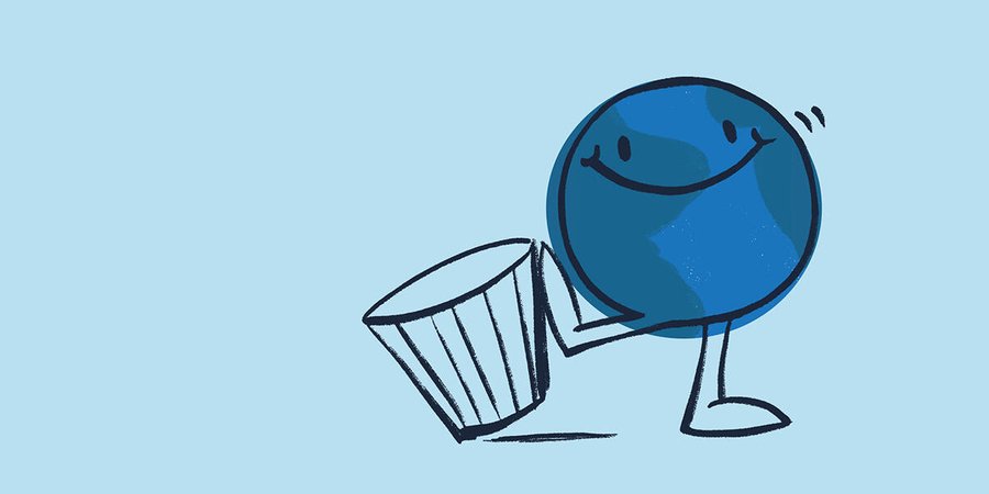 An illustration of a round blue ball with a smily face kicking a small wastebasket.