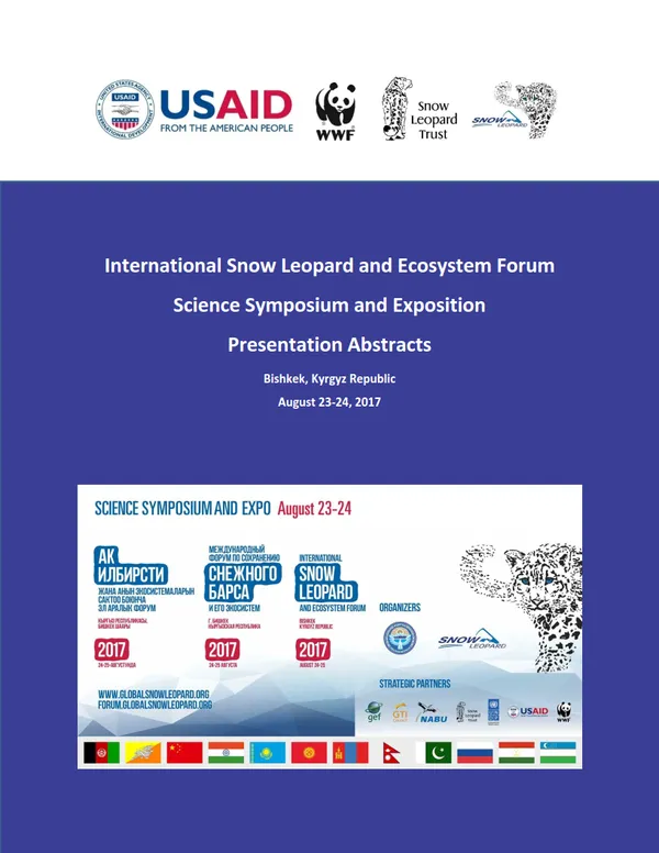 A report cover for the Iternational Snow Leopard and Ecosystem Forum Science Symposium showing a snow leopard graphic and country flags