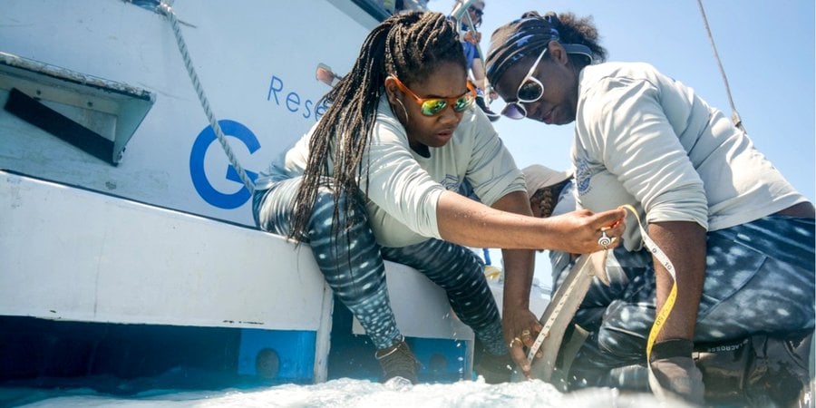 Two women leaning off boat to examine shark