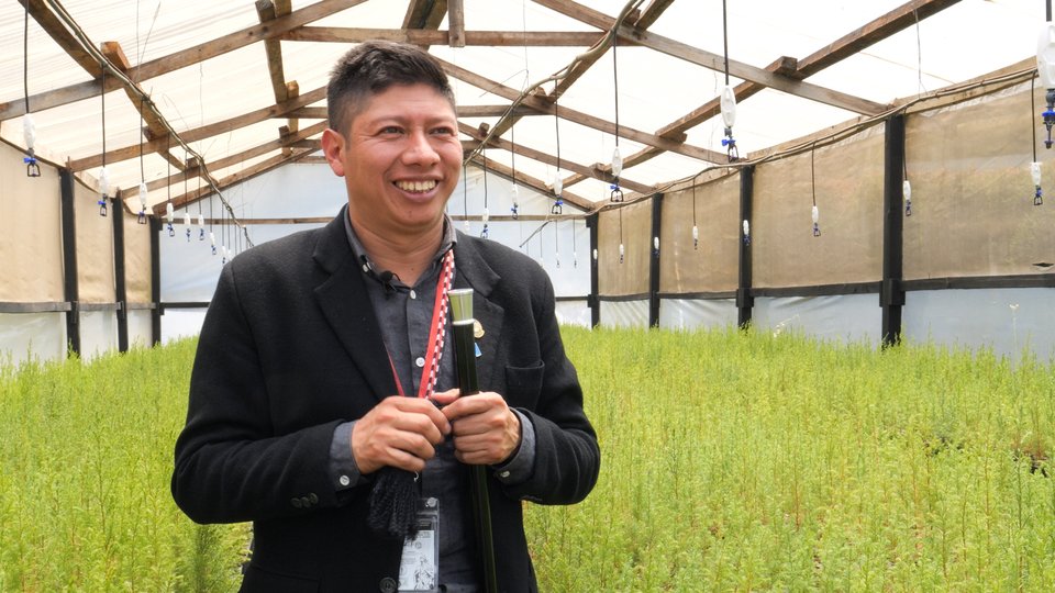 A man standing in the foreground inside a nursery with greenery in the background