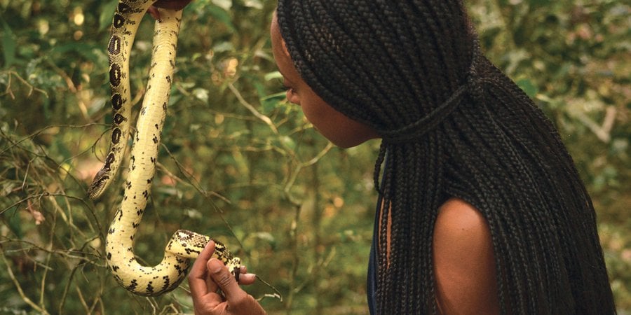 Woman in braids holding a yellow snake up