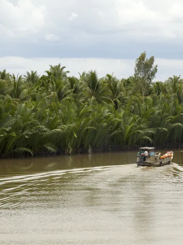 A small boat traveling up a brown river flanked by lush tropical forests with a cloudy sky in the background.