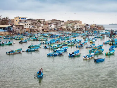 Dozens of boats lined up in Santa Rosa Harbor, Salinas, Gulf of Guayaquil, Ecuador