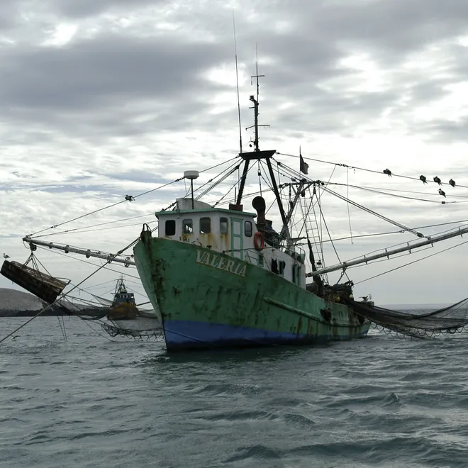 A weathered teal fishing boat on the water with rigging extending out each side, holding fishing nets