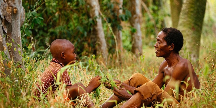 An older man and a younger man sitting in a forest talking