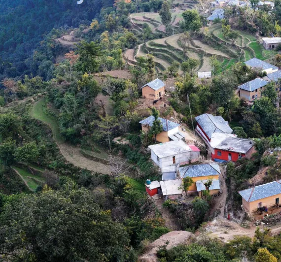 Houses and agricultural fields carved into a hillside in the Himalayas