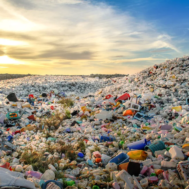 Mounds of plastic bottle waste and other types of plastic waste at the Thilafushi waste disposal site.