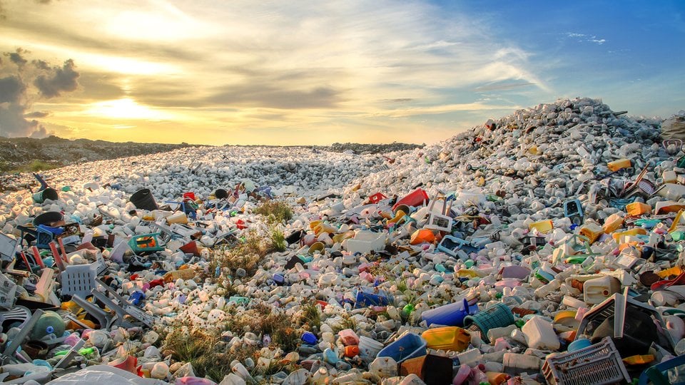 Mounds of plastic bottle waste and other types of plastic waste at the Thilafushi waste disposal site.