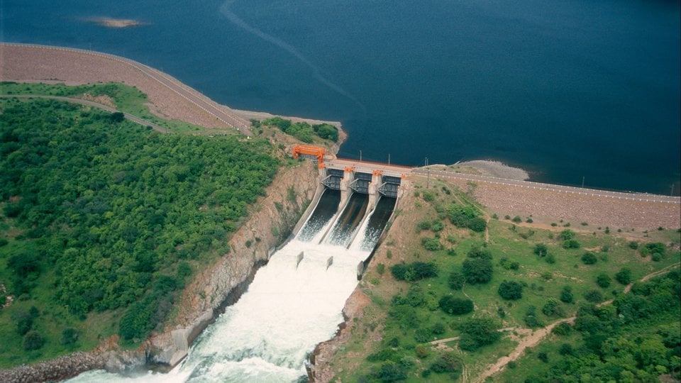 Water flowing out of a dam in Zambia.