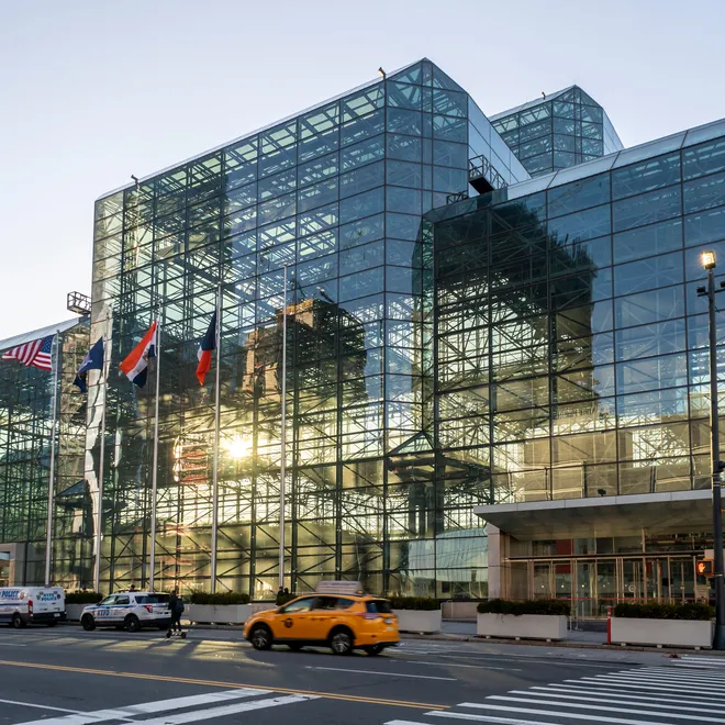 Sunlight shines through the glass walls of the Javits Center in New York