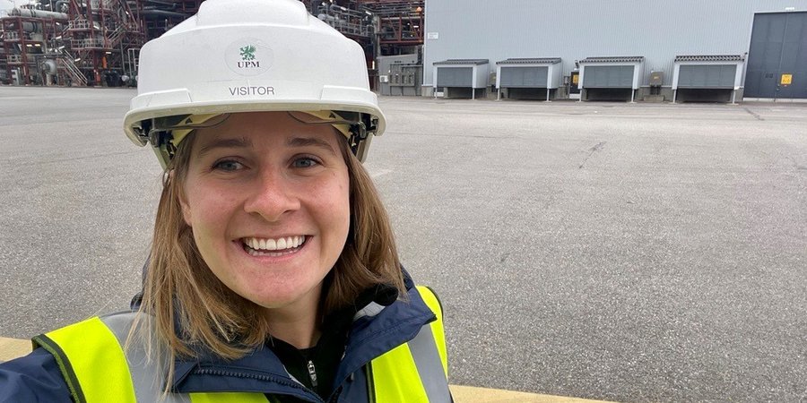 Jess Zeuner in front of the UPM Biofuels mill
