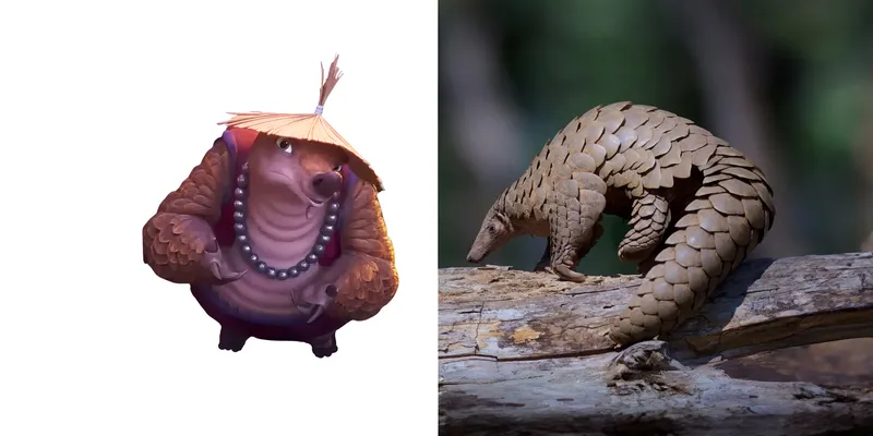 On the left is an animated pangolin standing on its back legs, wearing a necklace and a hat. On the right is a photo of a real pangolin walking on a tree branch.