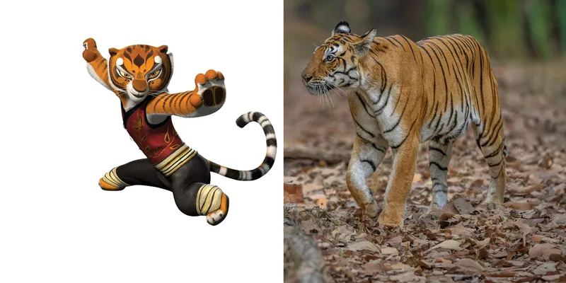 On the left is an animated tiger standing on its back legs with its face in a focused smile. On the right is a photo of a tiger walking along brown ground.