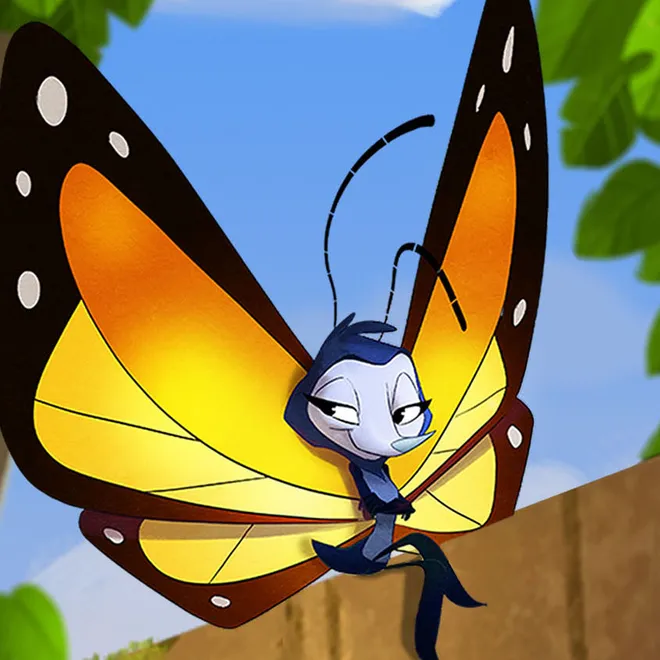 An animated image with a yellow and orange butterfly on a wooden fence flanked between two green leafy trees.