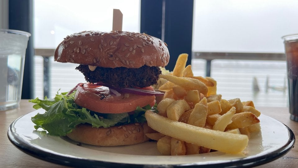 A kelp burger with lettuce, tomato, a bun, and french fries.
