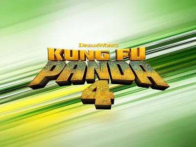 A graphic with a green and yellow shiny background and the logo reading "DreamWorks Kung Fu Panda 4"