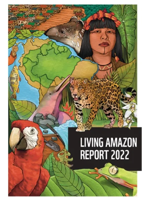 Illustrated cover of Living Amazon Report with woman, jaguar and tropical forest