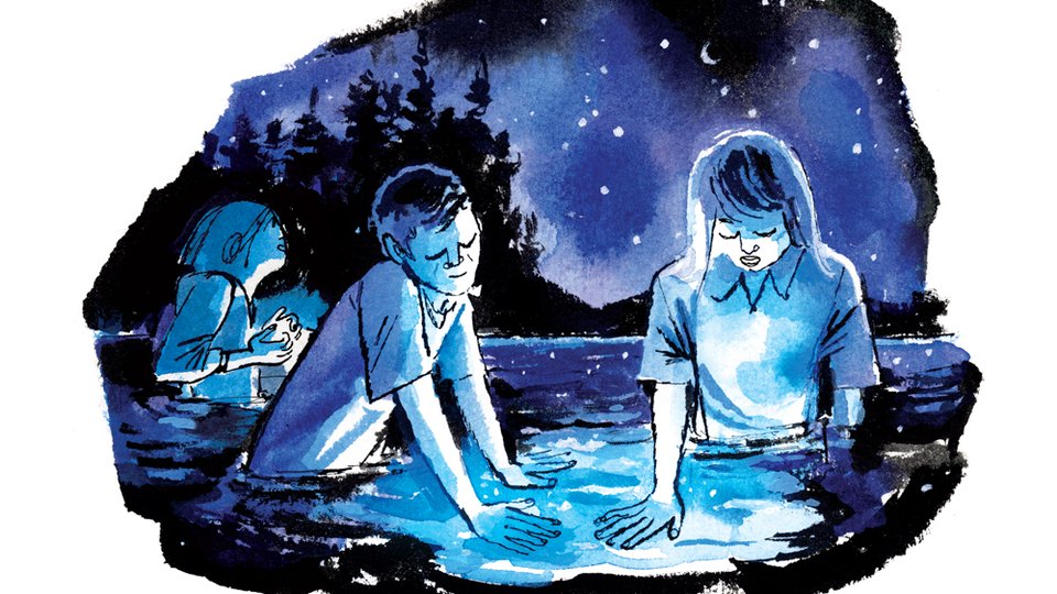 Illustration of two children playing in glowing water at night