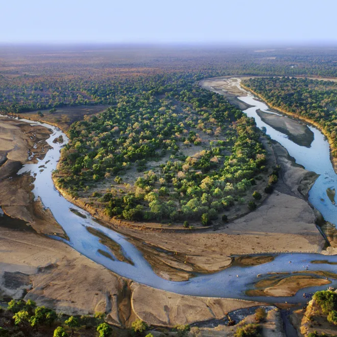 Aerial view of Luangwa River with trees and evidence of drought