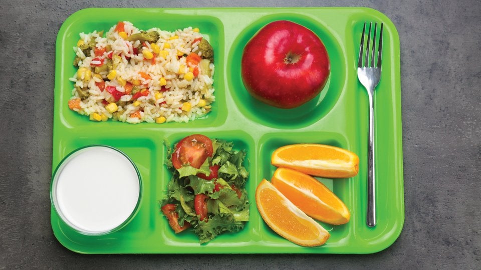 A green plastic lunch tray with food in various sections, including an apple, oranges, a green salad, rice and vegetables, a glass of milk and a fork.