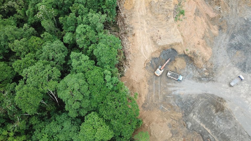 Deforestation aerial photo of lush green forest on the left and bare brown dirt next to it on the right