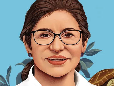 An illustration of a woman with dark hair and glasses wearing a shirt with leaves and a turtle.