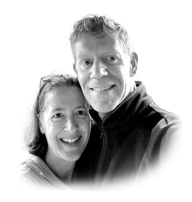Black and white selfie of Matt and Kacey DeBeer.