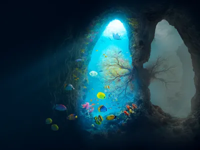 An illustration that shows underwater life in the shape of lungs
