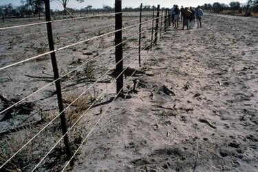 A tall wire fence extending away from the viewer and a group of people inspecting one part of it in the distance