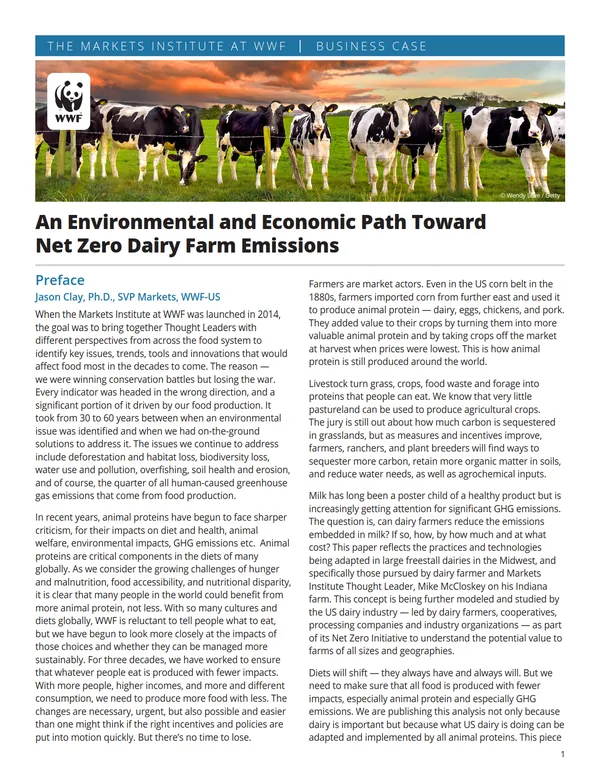 The first page of a report with a lot of text and an image of cows standing behind a wire fence at the top