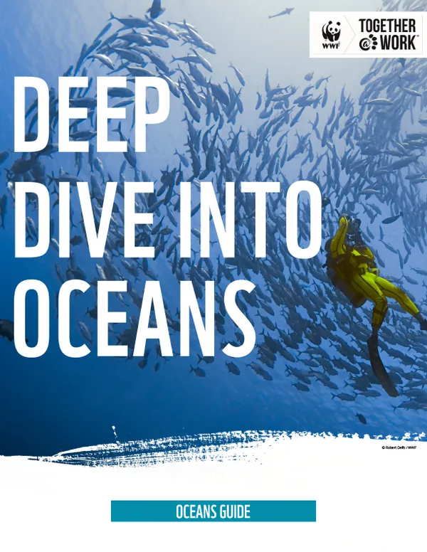"Deep Dive Into Oceans" over photo of scuba diver and fish