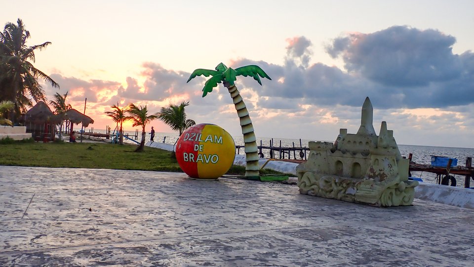 Beach showing sandcastle and Dzilam de Bravo decoration