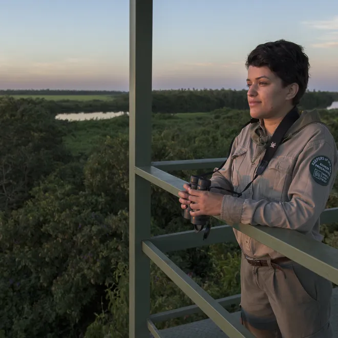 Carolina Alvarez, park ranger at Tres Gigantes Biological Station, a private nature reserve owned and managed by local conservation NGO Guyra Paraguay Alto Paraguay, Paraguay.