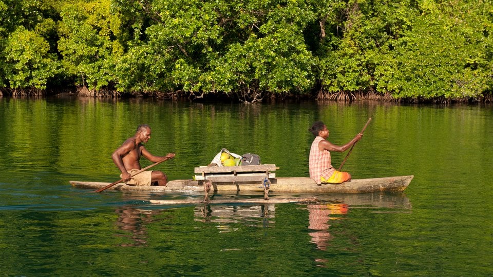 Local couple from Lorengau in their dugout canoe by paddling by the mangroves