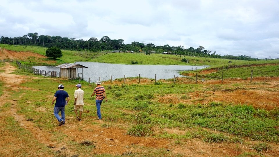 Three workers are seen walking across Peruvian farmland with small body of water