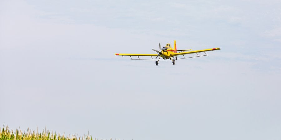 A small yellow plane is pictured at the center of the color photo, with a gray-blue sky and a green field at the bottom left.
