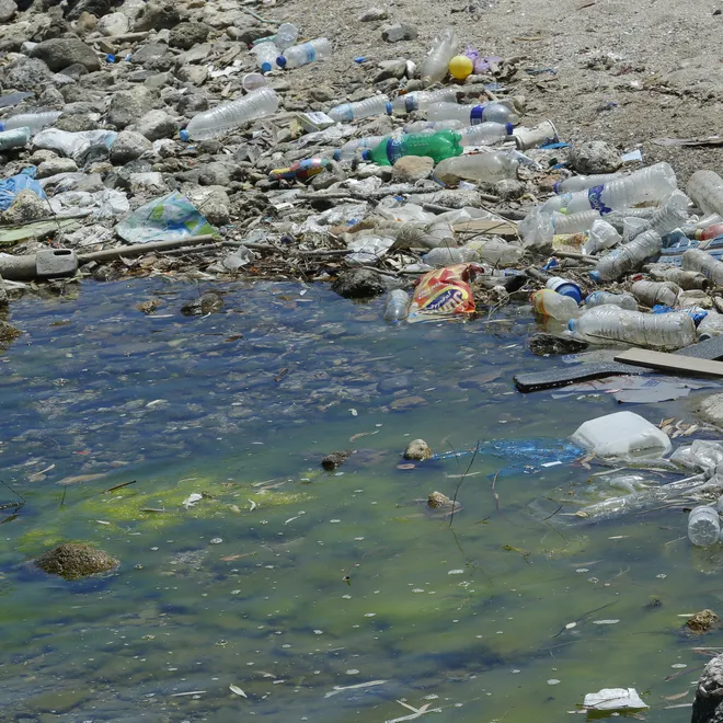 Plastic waste on a beach in the Greece