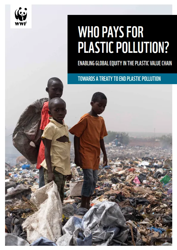 Report cover showing three children standing on a pile of plastic pollution