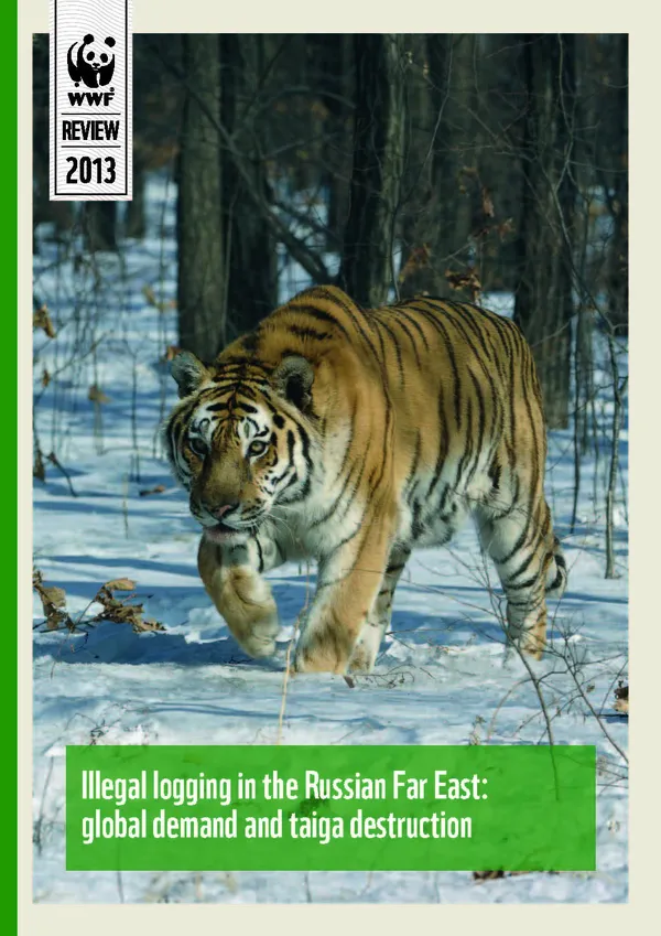 A report cover showing a large tiger walking through the snow and looking off camera