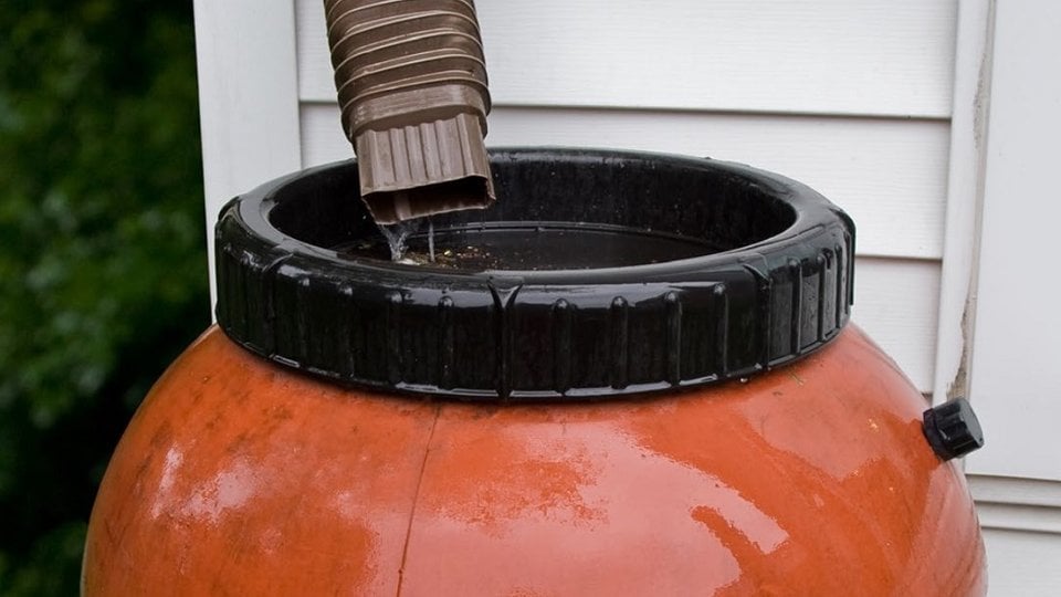 A downspout from a gutter flows water from the roof into an orange rain barrel.